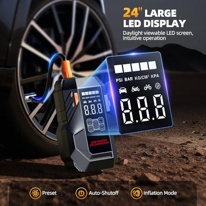 10-in-1 Portable Car Battery Jump Starter with Air Compressor, Jump Starter 6000A 26800mAh 160PSI (All Gas/12L Diesel), 12V Jump Box Car Battery Jumper Starter Portable Jumper Cables, Lights - color: Grey-black