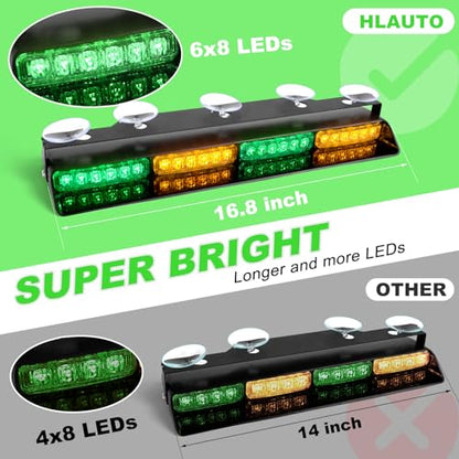 HLauto 604N Emergency Dash Strobe Lights: 2x16.8 inch Green Amber Security Light w/Take Down, 48 LED Safety Flashing Warning Hazard Interior Windshield Light Bar for Trucks Vehicles - color: #03 Amber / Green
