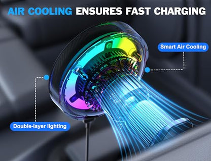 25W MagSafe Compatible Car Mount Charger with Air-Cooled, 3500gf Magnetic Phone Holder for iPhone and Android, Dash Air Vent with Rainbow Ambient Light Valentines Day Gifts