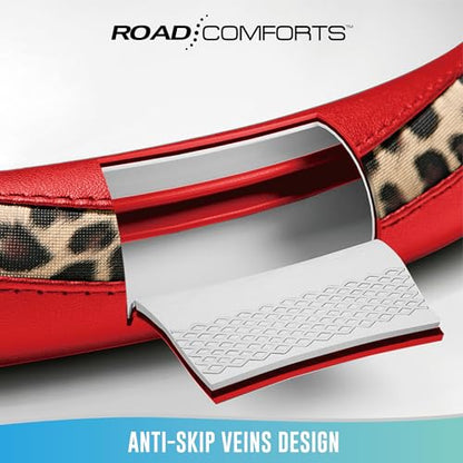 Road Comforts Steering Wheel Cover - Made with PVC Leather and Leopard Fabric - Universal 14 1/2 inches to 15 inches for Most Automotive Steering Wheel - Cheetah Print -Red - color: Round-Red