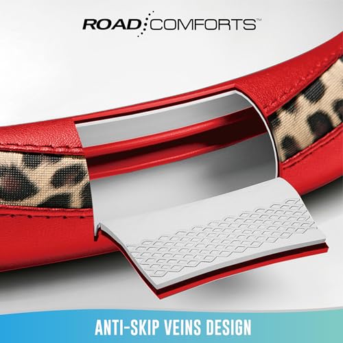 Road Comforts Steering Wheel Cover - Made with PVC Leather and Leopard Fabric - Universal 14 1/2 inches to 15 inches for Most Automotive Steering Wheel - Cheetah Print -Red - color: Round-Red