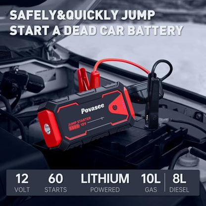 Povasee Jump Starter 5000A Car Jumper Starter, Model A30 12V Jump Box for Car Battery up to 10L Gas or 8L Diesel Engine Battery Jumper Starter Portable with Power Bank/Dual Output/LED Light - style: A30