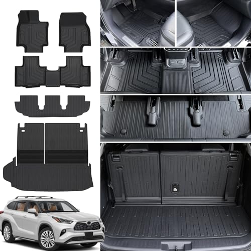 Floor Mat Cargo Mat for 2020-2024 2025 2026 Toyota Highlander 7 Seat Car Mat Accessories(Both Hybrid and Gas), All Weather TPE Cargo Liner Trunk Mat with Backrest Mat(Highlander-Full Set) - size: Highlander-Floor Mats Set