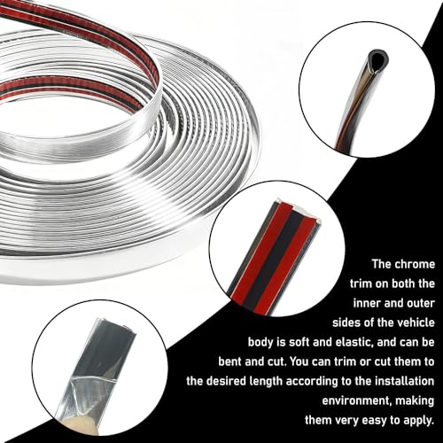 50Ft Automotive Chrome Trim Molding, Chrome Tape, 1/2" Universal Bumper Window Door Body Side Decorative Strip Scratch-Proof, Silver Car Exterior and Interior Side Molding for Motor Truck RV