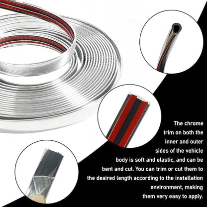 50Ft Automotive Chrome Trim Molding, Chrome Tape, 1/2" Universal Bumper Window Door Body Side Decorative Strip Scratch-Proof, Silver Car Exterior and Interior Side Molding for Motor Truck RV