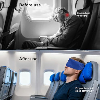Travel Pillows for Airplanes, Airplane Head Strap with Silk Eye Mask for Sleeping, Long Flights & Car Road Trips 360°Headrest Neck Support, Stops Bobbing, Small & Compact（Blue） - color: Blue