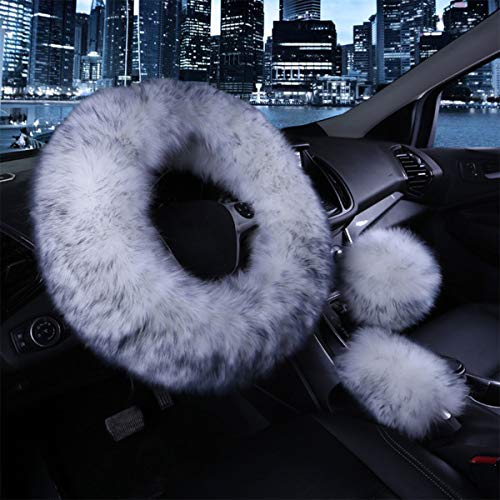 1 Set 3 Pcs Car Steering Wheel Cover & Handbrake Cover & Gear Shift Cover Set Faux Wool Warm Winter (Grey-3pcs) - color: Grey-3pcs