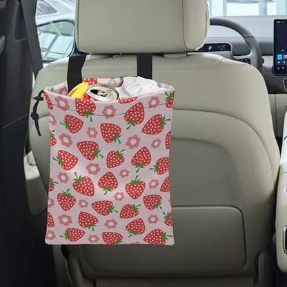 Car Trash Bag Strawberry Flower Car Garbage Bag Hanging Car Trash Can for Back Seat with Drawstring - color: Strawberry Flower