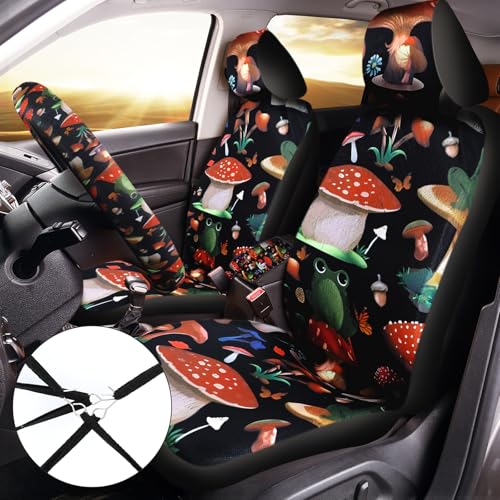 Riakrum 17 Pcs Mushroom Car Seat Covers Mushroom Car Accessories Full Set for Women Men Automotive Rear Front Seat Protector View Mirror Hanging Ornament Steer Wheel Belt Cover(Mushrooms and Frogs) - style: Mushrooms and Frogs
