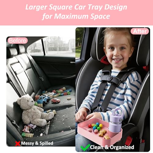 2PCS Car Seat Snack Tray for Kids, Mess-Free Square Travel Tray Cup Holder Snack Tray, Durable Car Food Tray for Toddlers, Universal Fit Kids Travel Road Trip Essentials (SkyBlue&Pink) - color: Blue&Pink