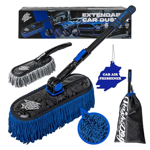 Flash Dog Car Duster Exterior with Car Duster Interior Wax Cotton Hair Scratch Free Cleaning for Cars, SUVs, Trucks | Waterless Dust Remover & Detailing Brushes Set with Storage - color: Light Blue