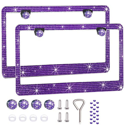 2 Pack License Plate Frames for Women, Sparkly Rhinestone Diamond Car Accessories with Glitter Crystal Caps (Violet（2PCS）) - color: Violet（2PCS）