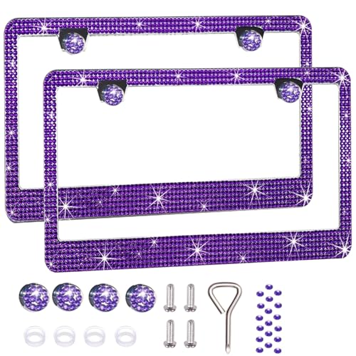 2 Pack License Plate Frames for Women, Sparkly Rhinestone Diamond Car Accessories with Glitter Crystal Caps (Violet（2PCS）) - color: Violet（2PCS）