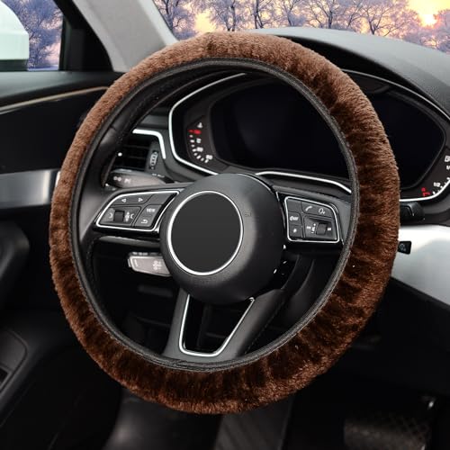KAFEEK Elastic Long Microfiber Plush Steering Wheel Cover for Winter Warm, Universal 15 inch, Anti-Slip, Odorless, Brown - color: Brown