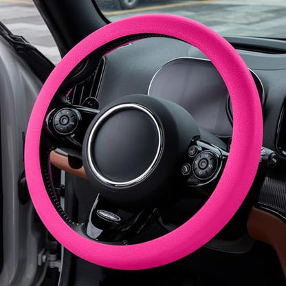 Spurtar Hot Pink Car Steering Wheel Cover Women, Hot Pink Car Accessories Cute Soft Silicone Leather Texture Steering Wheel Protector, Fit Diamenter 15" - 16.5"