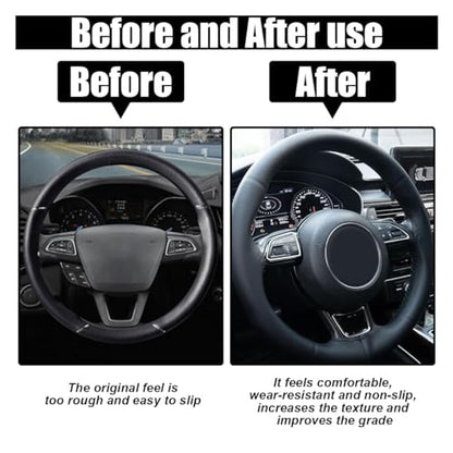 Car Genuine Leather Steering Wheel Cover, DIY Sewing with Needle and Thread, Breathable, and Anti-Slip, Universal 15 Inch Car Steering Wheel Stitching Wrap (Black, Glossy) - color: Black, size: Glossy