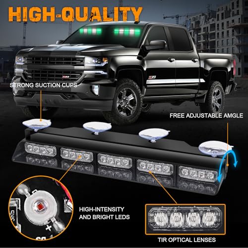 XRIDONSEN 2x 17 inch Green White Emergency Lights for Vehicles 40 LED Emergency Dash lights Interior Front/Rear Windshield Strobe Lights Safety Warning for Volunteer Firefighter Vehicles Trucks - color: Green/White