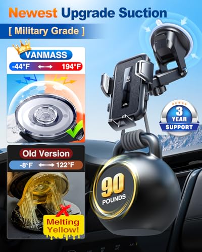 VANMASS 2026 Car Phone Holder【Military-Grade Strongest 90+LBS Suction】Phone Holder for Your Car Dashboard Windshield Vent Cell Phone Mount Truck Stand Cradle for iPhone 17 Pro Max 16 15 14 13 Android