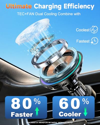 TEC & Fan Dual Cooling Magnetic Wireless Car Charger, For Magsafe Car Mount Charger, Air Vent 15W Fast Wireless Charging Car Phone Holder Bracket for iPhone 17 16 15 14 13 12, for Samsung ＆ Android