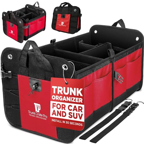 TRUNKCRATEPRO Red Car Accessories Trunk Organizer For Car, Suv Premium Multi Compartments Collapsible Portable Car Organizer For Women W 2 Adjustable straps, non-skid bottom (Large Capacity) - color: Red, size: Large