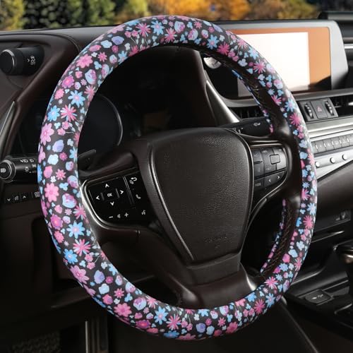 Floral Print Steering Wheel Cover with Silicone Inner Ring, Non-Toxic, Odorless Silicone Leather with Non-Fading Pattern for Men Women, Universal 14.5 to 15 Inch (Flower Print) - style: Flower Print