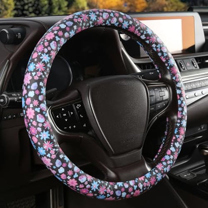 Floral Print Steering Wheel Cover with Silicone Inner Ring, Non-Toxic, Odorless Silicone Leather with Non-Fading Pattern for Men Women, Universal 14.5 to 15 Inch (Flower Print) - style: Flower Print