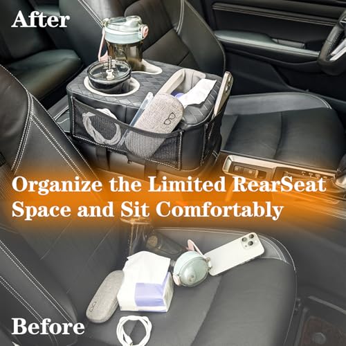 Auto Center Console Cup Holder Organizer, Universal PU Leather Armrest Storage Box with Tissue Holder & Side Pockets, Multi-use for Car Front/Back Seat, Truck, RV, Boat
