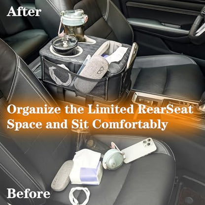 Auto Center Console Cup Holder Organizer, Universal PU Leather Armrest Storage Box with Tissue Holder & Side Pockets, Multi-use for Car Front/Back Seat, Truck, RV, Boat