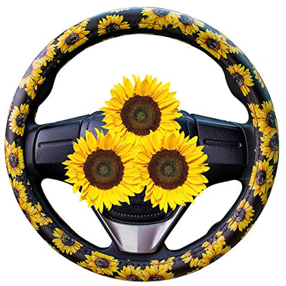 Evankin Sunflower Steering Wheel Cover Cute and Handmade,Leather Universal Steering Wheel Cover 15 inch, Fashionable Boho Sunflower Car Accessories for Women,Top Girl Car Accessories - color: Leather Sunflower Steering Wheel Cover
