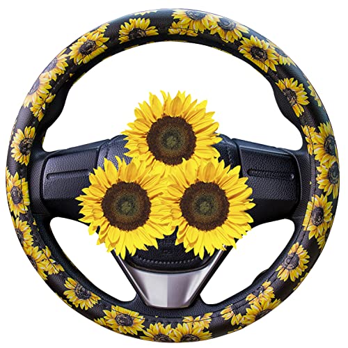 Evankin Sunflower Steering Wheel Cover Cute and Handmade,Leather Universal Steering Wheel Cover 15 inch, Fashionable Boho Sunflower Car Accessories for Women,Top Girl Car Accessories - color: Leather Sunflower Steering Wheel Cover