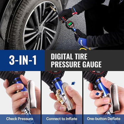 WORKPRO 12PCS Digital Tire Pressure Gauge with Inflator, 250 PSI, Heavy Duty Air Compressor Attachments with Storage Bag, Tire Gauge with Brass Air Chuck and Rubber Hose for Vehicles and Inflatables