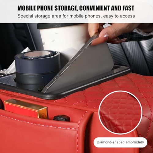 Car Armrest Cushion, 5-in-1 Nappa Leather Vehicle Centre Console Cover with 2 Storage Pockets, Cup Phone & Phone Holder, Multifunctional Auto Organiser Accessories, Universal Fit (Wine Red) - color: Wine Red