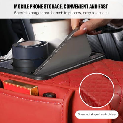 Car Armrest Cushion, 5-in-1 Nappa Leather Vehicle Centre Console Cover with 2 Storage Pockets, Cup Phone & Phone Holder, Multifunctional Auto Organiser Accessories, Universal Fit (Wine Red) - color: Wine Red