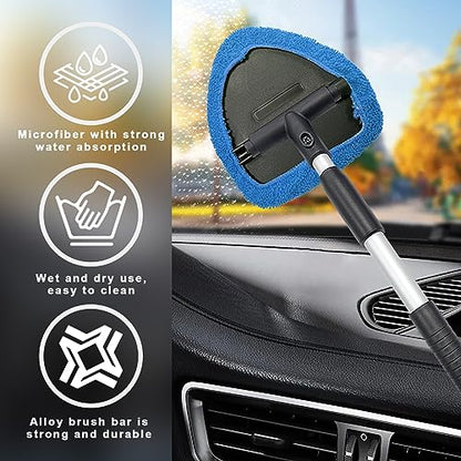 Ziciner Car Windshield Cleaner, Microfiber Auto Cleaning Wiper with Aluminum Extendable Handle and 2 Washable Reusable Cloth Pad Head, Universal Vehicle Interior Exterior Cleaner Kit (Blue-Triangle) - size: Blue-triangle
