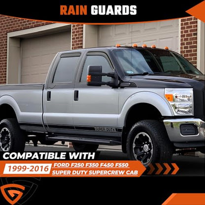 Rain Guards Fit for 1999-2016 Ford F250 F350 F450 F550 Super Duty SuperCrew Cab, Tape-On Side Window Deflector Durable Sun Rain Guard Black 4 PCS - size: Fit for Ford F250 F350 1999-2016