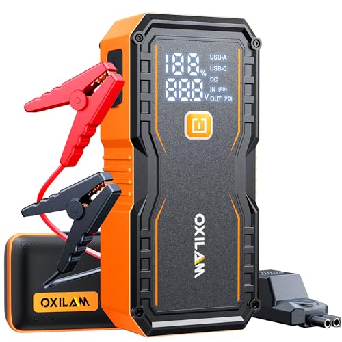 OXILAM 20000mAh Jump Starter for All Gas & Diesel Engines, 9000A Battery Jumper Starter Portable, 12V Jump Box with Quick Charger, Extended Jumper Cable, LED Display, USB, DC, Type C Port & LED Light - size: 9000A