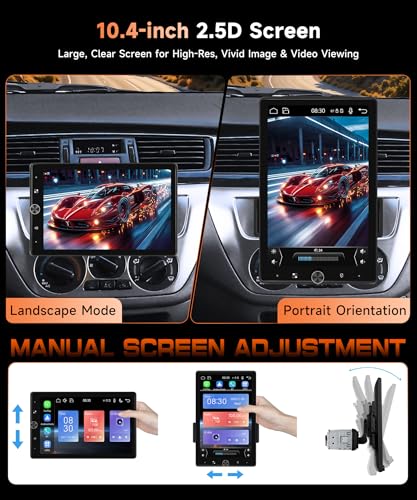 MAHVEC 10.4'' Single Din Car Stereo with Wireless CarPlay Android Auto, HD Rotation Touchscreen Radio with Bluetooth, USB, Mirror Link, SWC, Car Play, FM/RDS Radio, Backup Camera