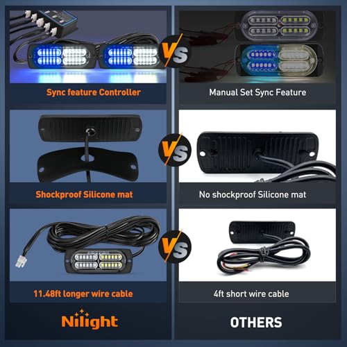 Nilight 4PCS LED Strobe lights 12V 24V Sync Feature Blue White 24LED Emergency Hazard Warning Lights with Controller Hard Wire or Cigarette Lighter Plug for Car Truck RVs Campers - color: Blue White w/Controller