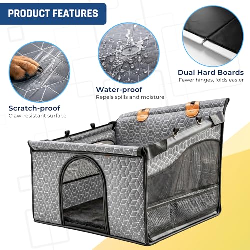 Dog Car Seat for Large Medium Dogs | Waterproof Dog Seat Cover for Back Seat with Hard Bottom | Alloy Twist-Lock Rods | 3 Mesh Windows | Removable Fleece Mat | Cars, SUVs, Trucks (Grey) - color: Grey