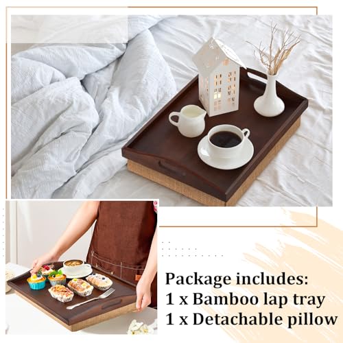 Tioncy 1 Piece Bamboo Lap Tray with Detachable Pillow 16.9'' x 13'' Lap TV Trays Desk with Handles for Adults Eating in Recliner Breakfast Housewarming Gift (Walnut Brown) - color: Walnut Brown