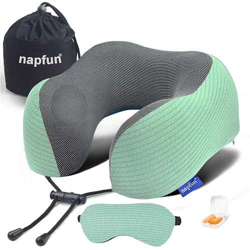 napfun Neck Pillow for Travel with Travel Pouch, Sleep Mask & Earplugs, Memory Foam Airplane Pillow for Headrest Sleep with Eyeshades, Plane Essentials with Eye Blindfold, Turquoise Striped Kit - color: Turquoise Striped Kit