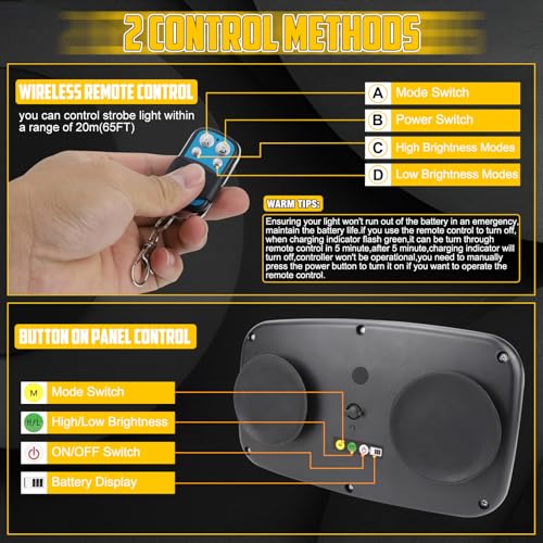 Wireless Rechargeable LED Rooftop Beacon Strobe Lights,48LED 17 Flashing Modes,Hi/Lo Brightness,Amber White Emergency Hazard Warning Light with Home/Car Charger for Trucks Vehicles-1 Pack