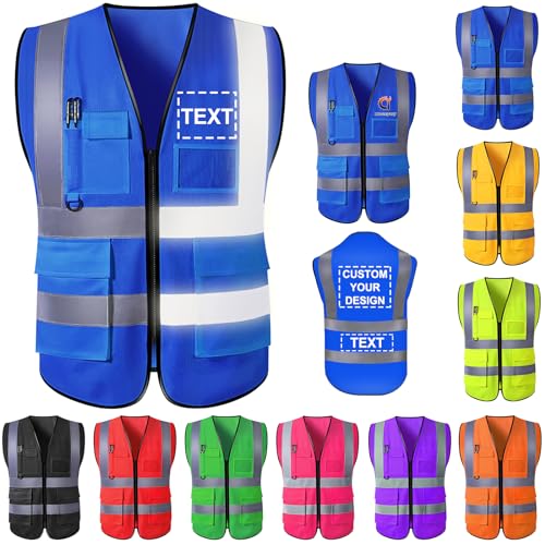 Custom Safety Vest for Men High Visibility Protective Workwear 5 Pockets Class 2 With Reflective Strip - color: Blue, size: 4X-Large