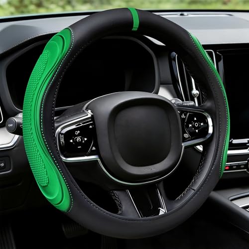 XCBYT Steering Wheel Cover - Green Leather Steering Wheel Wrap Great Grip with 3D Honeycomb Quick and Effortless Installation Non-Slip Silicone Inner Ring for Women Man Universal Fit 14.5-15 Inch - color: rgj-green