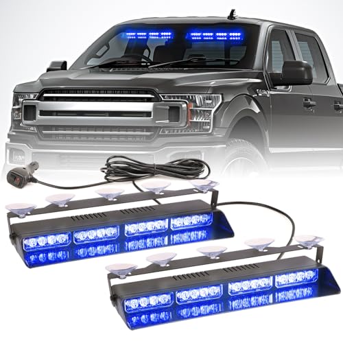 2 in 1 LED Emergency Dash Strobe Light Bar Front/Rear Windshield Safety Flashing Warning Hazard Interior Lights for Police Firefighter Construction Vehicles Trucks (2x14 inch, Blue/Blue) - color: #05 Blue/Blue