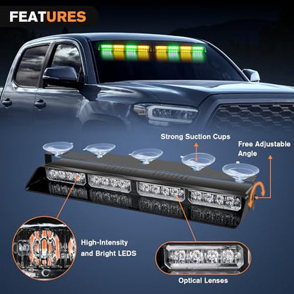 Nilight 32LED Amber Green Emergency Dash Strobe Lights with Controller Suction Cups Warning Hazard Interior Front/Rear Windshield Deck Split Light Bar for Truck Construction Vehicle - color: Amber and Green