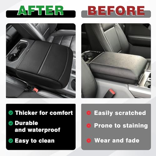 Muslogy Center Console Armrest Cover Fit for Ford F150 2021-2025 2026 Accessories, Comfort Armrest Pad Console Lid Cushion Vegan Leather Regular Thick(Bucket Seat ONLY) - size: 2) 21-25 |F150| Bucket Seat, Regular