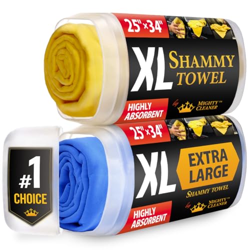 Premium XL Shammy Towel for Car - 2pk (34”x25”) - Super Absorbent Chamois Cloth - Spots & Scratch-Free - Reusable Car Drying Towels - color: Yellow and Blue, size: 2 Pack (25” X 34”)