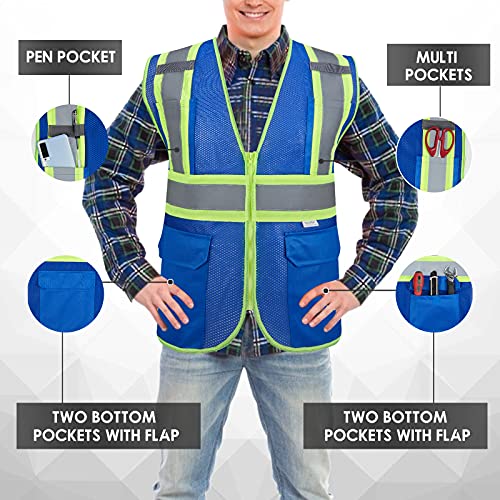 High Visibility Reflective Safety Vest with Zipper and Pockets Blue,M - color: Blue, size: Medium