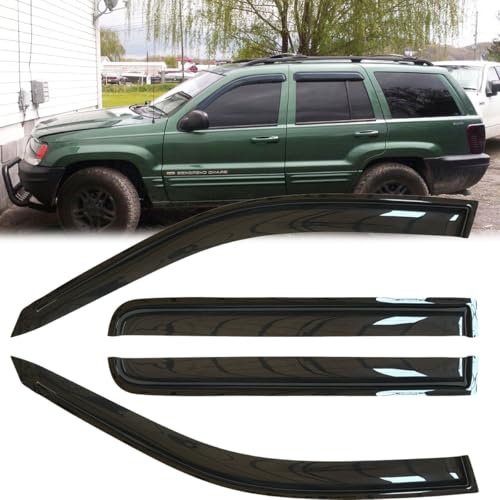 4pcs Original Shatterproof Rainproof Outside Mount Style Tape On Sun Rain Guard Side Window Wind Deflectors Stylish Vent Window Visors Compatible with 1999-2004 Grand Cherokee 94650 - size: for 1999-2004 Jeep Grand Cherokee